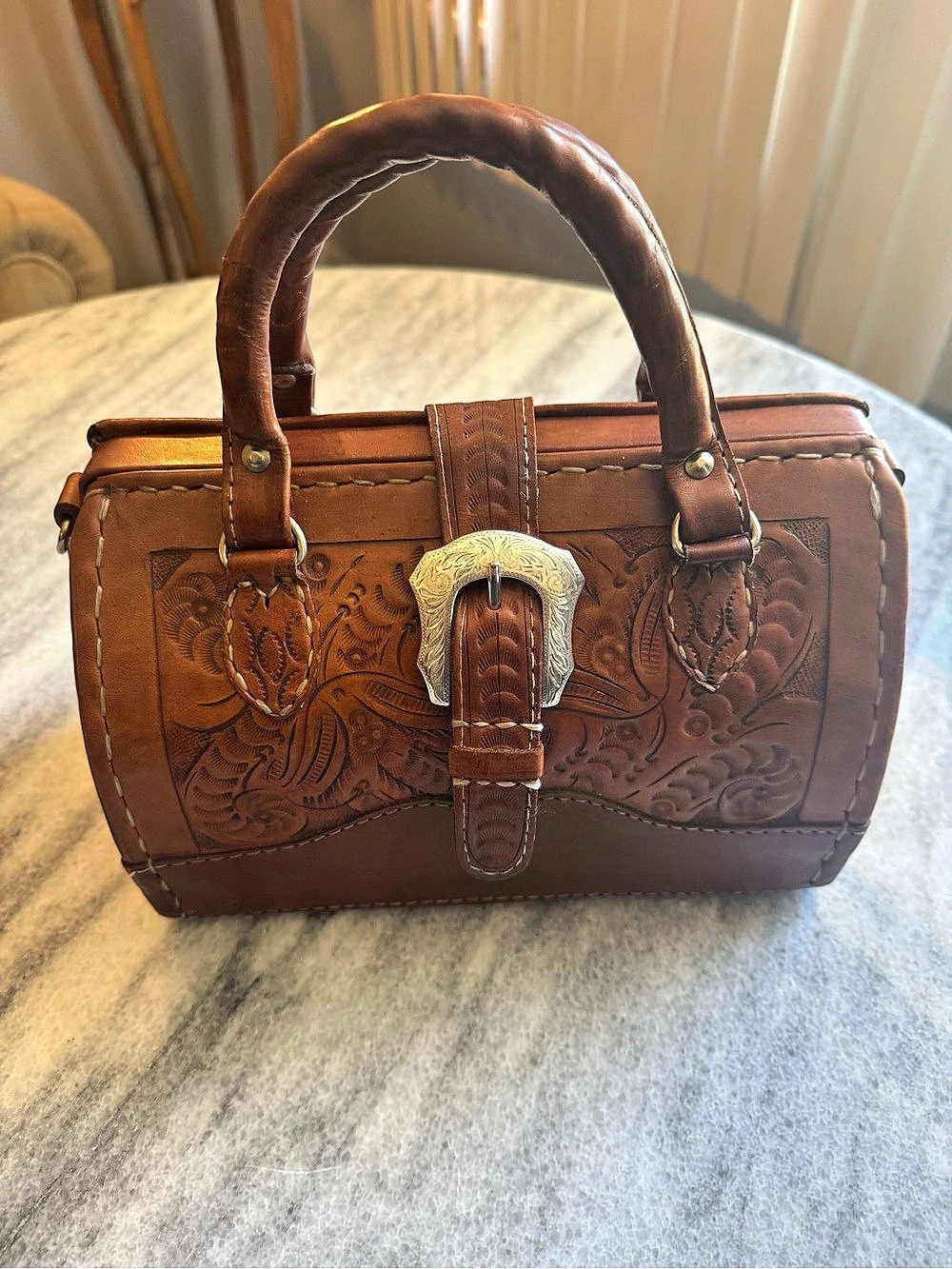 Montana West Pony Express Leather Tooled Brown Shoulder Bag